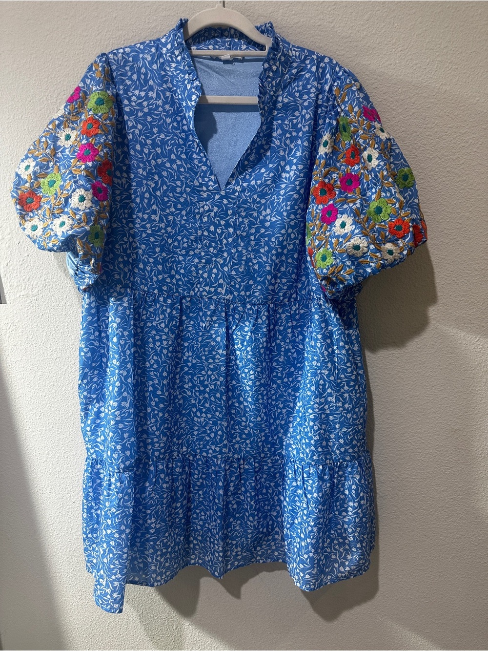 THML Blue Floral Midi Dress with Embroidered Puff Sleeves